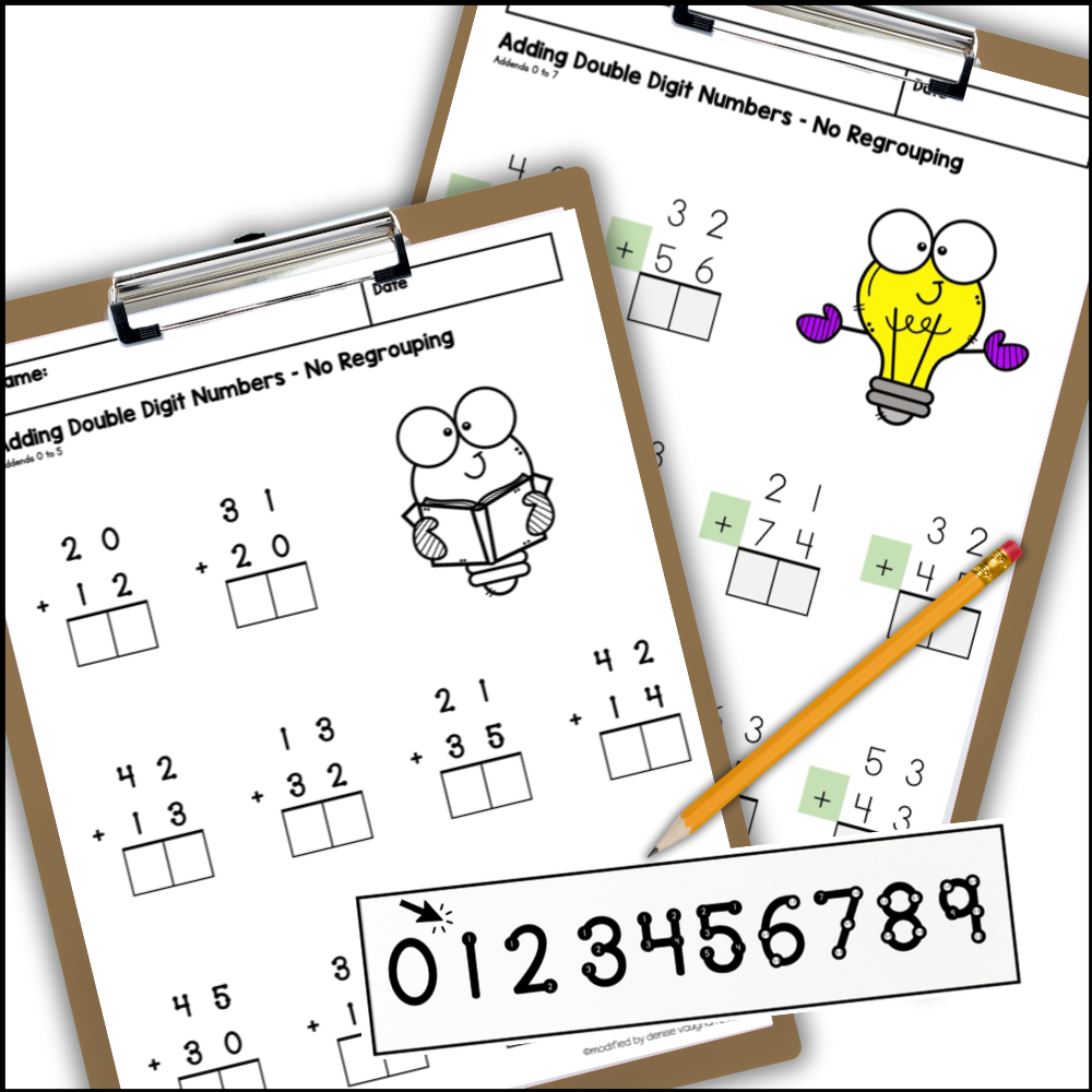 Double-digit addition worksheet with no regrouping displayed on a clipboard, featuring color-highlighted plus signs and visual math supports.
