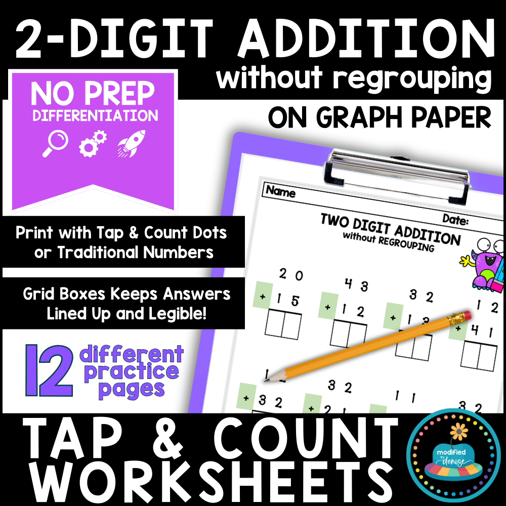 Two-digit addition worksheets without regrouping shown on graph paper, featuring tap and count dots, grid boxes for alignment, and no-prep differentiated practice pages.