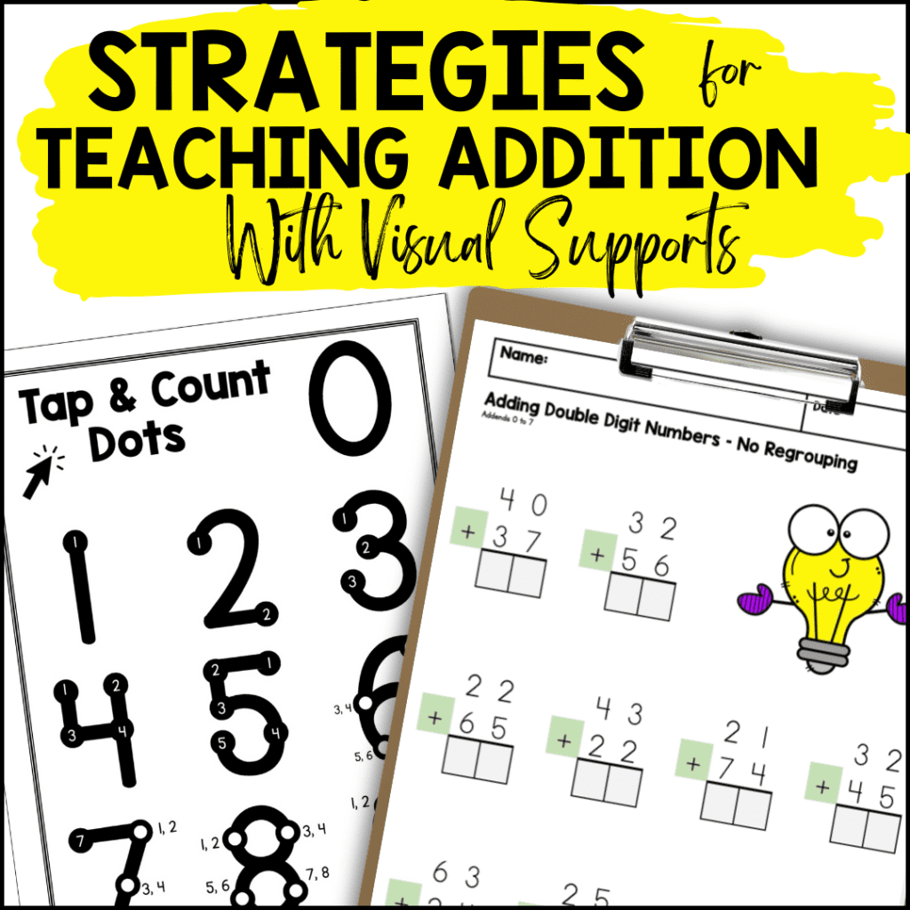 Effective strategies for teaching addition using visual supports, including tap and count dots and double-digit addition worksheets with no regrouping.