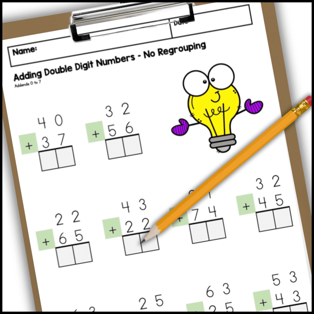 Double-digit addition worksheet with no regrouping displayed on a clipboard, featuring color-highlighted plus signs and visual math supports.